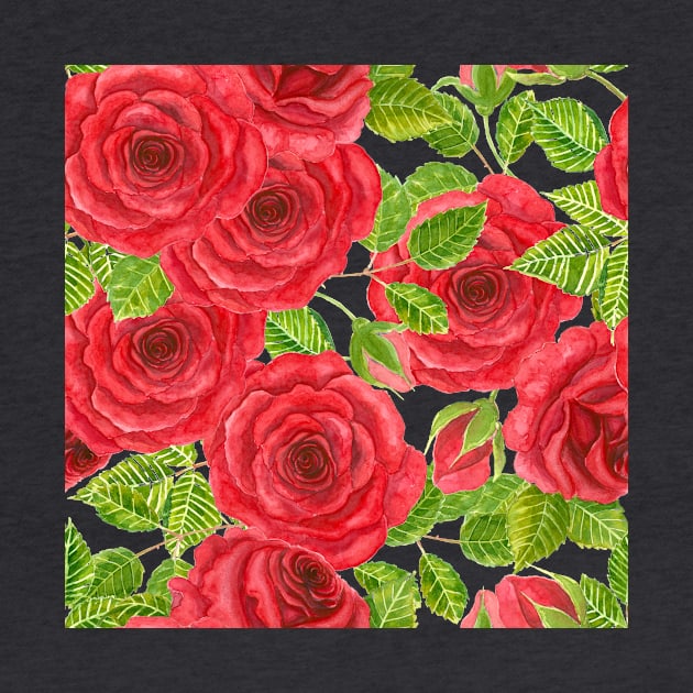 Red watercolor roses with leaves and buds pattern by katerinamk